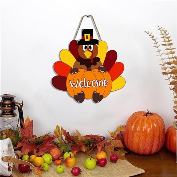 Thanksgiving Decorations Turkey Door Sign Welcome Fall Wreath for Front Door - Picture 6 of 8